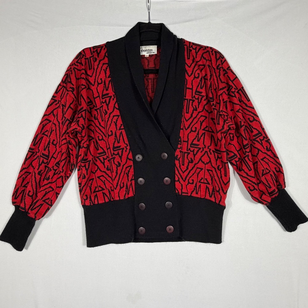 Vtg 80s 90s Geometric Double Breasted Cardigan‎ Lg Red Black Electric Retro EUC